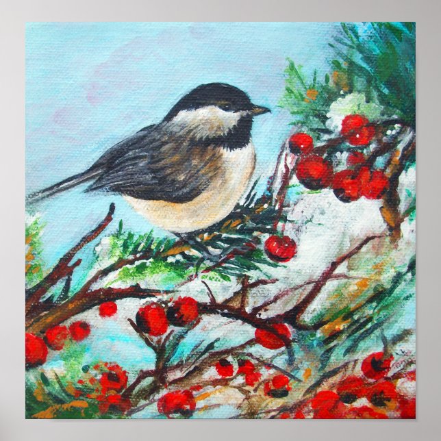 Black Capped Chickadee With Berries On Branch Poster (Front)