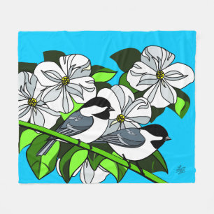 Black Capped Chickadees and Dogwood Fleece Blanket