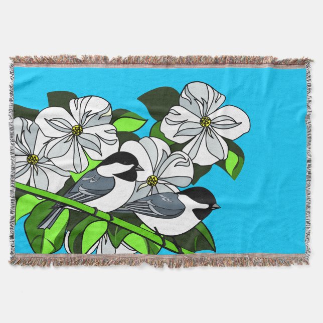 Black Capped Chickadees and Dogwood Throw Blanket (Front)