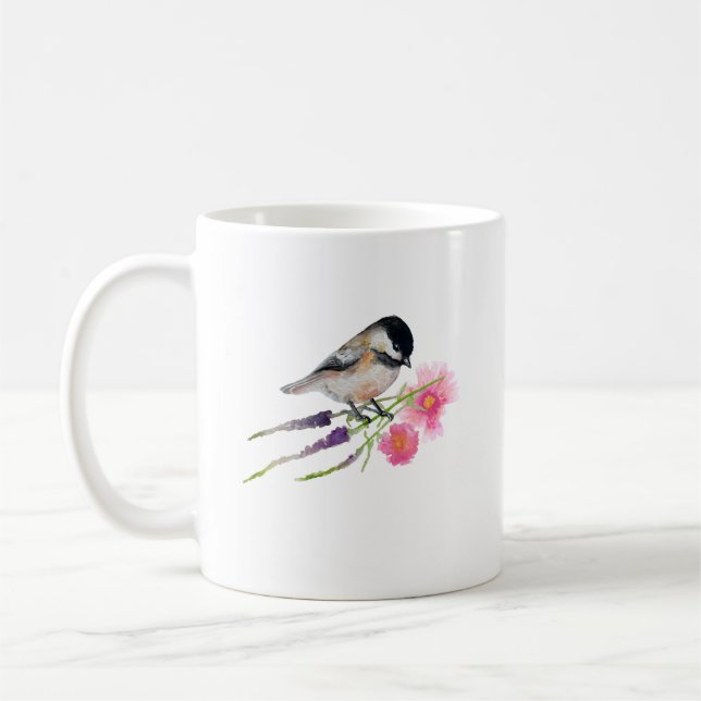 Black Capped Sweet Chickadee Watercolor Artwork Coffee Mug (Left)