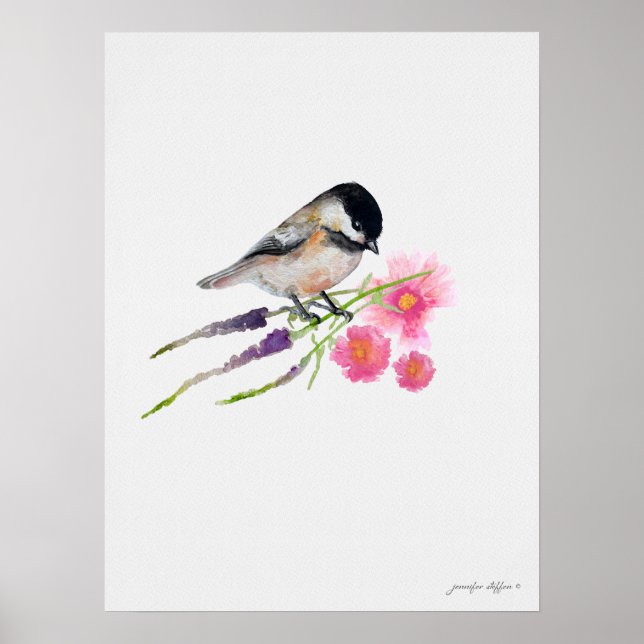 Black Capped Sweet Chickadee Watercolor Artwork Poster (Front)