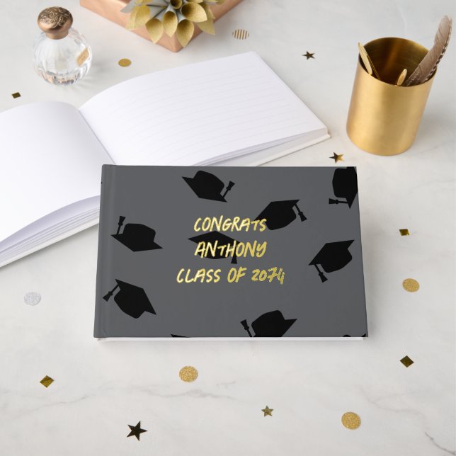 Black Caps Teen Boy Graduation Guest Book (Front Open)