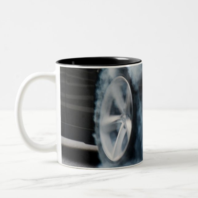 Black car burnout Two-Tone coffee mug (Left)