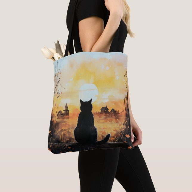 Black Car Sunset Orange Autumn Leaves Halloween Tote Bag (Close Up)