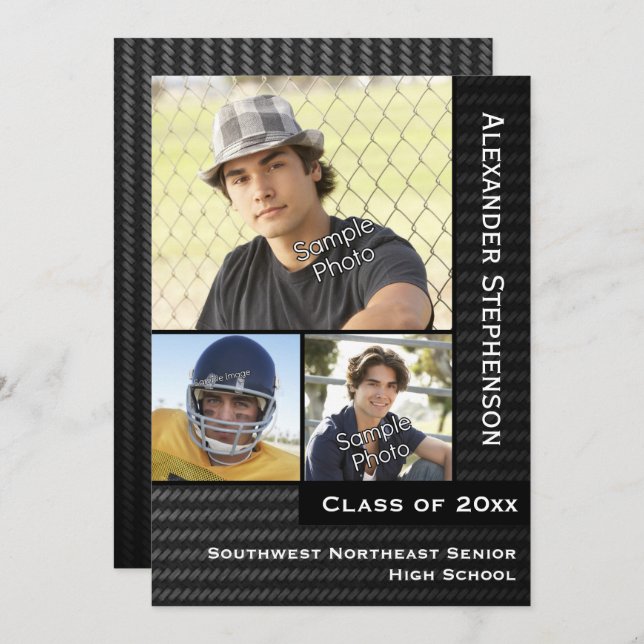 Black Carbon Fibre 3 Photo Boys Graduation Invitation (Front/Back)