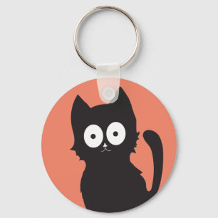 Black Cartoon Cat on Red Backdrop Key Ring
