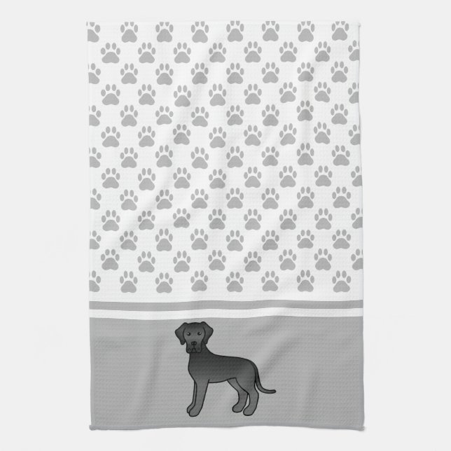 Black Cartoon Great Dane With Grey Paws Pattern Tea Towel (Vertical)