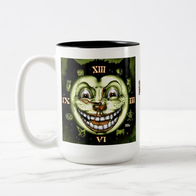 Black Cat 13 Clock Halloween Two-Tone Coffee Mug (Left)