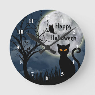 Black Cat 3 Halloween Round Clock