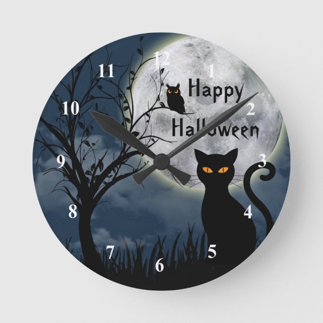 Black Cat 3 Halloween Round Clock (Front)