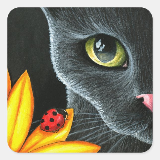 Black Cat 510 ladybug yellow flower Square Sticker (Front)