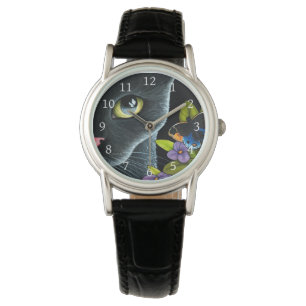 Black Cat 557 Blue butterfly Flowers Watch