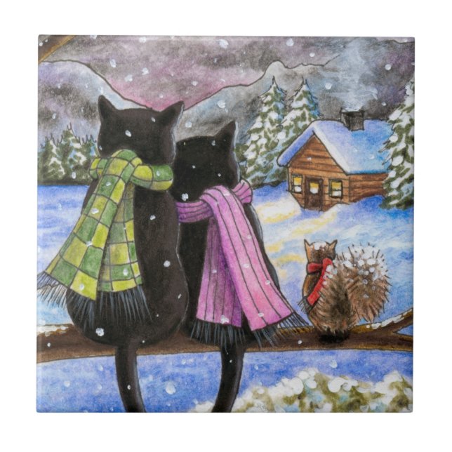Black Cat 585 winter snow Squirrel Ceramic Tile (Front)