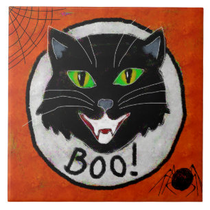 Black Cat Abstract Halloween Art Ceramic Tile