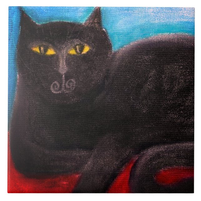 Black Cat Abstract Pastel Painting Ceramic Tile (Front)