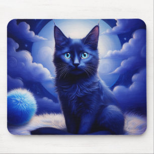 Black Cat Against A Background Of A Blue Moon Mouse Pad