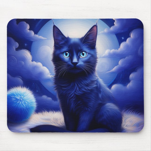Black Cat Against A Background Of A Blue Moon      Mouse Pad (Front)