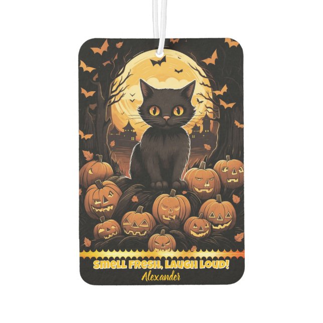 Black cat among glowing pumpkins at dusk car air freshener (Back)
