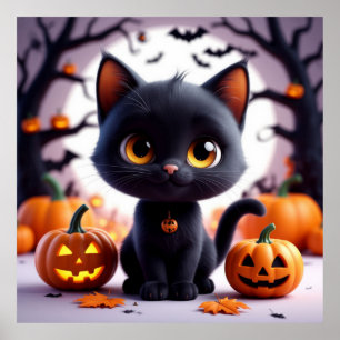 Black Cat Among Pumpkins For Halloween Decor 🎃