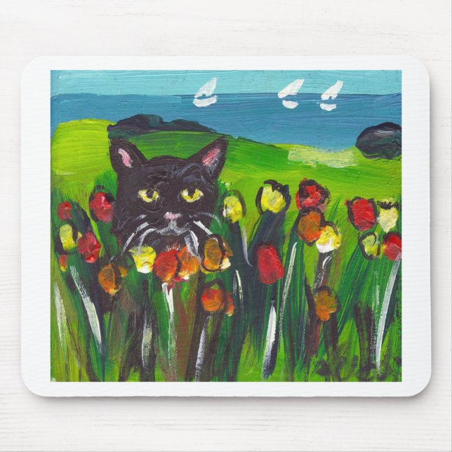 Black cat amongst tulips mouse pad (Front)