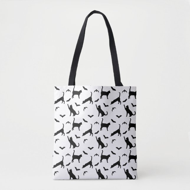 Black Cat And Bat Motifs Cute Halloween Pattern Tote Bag (Front)