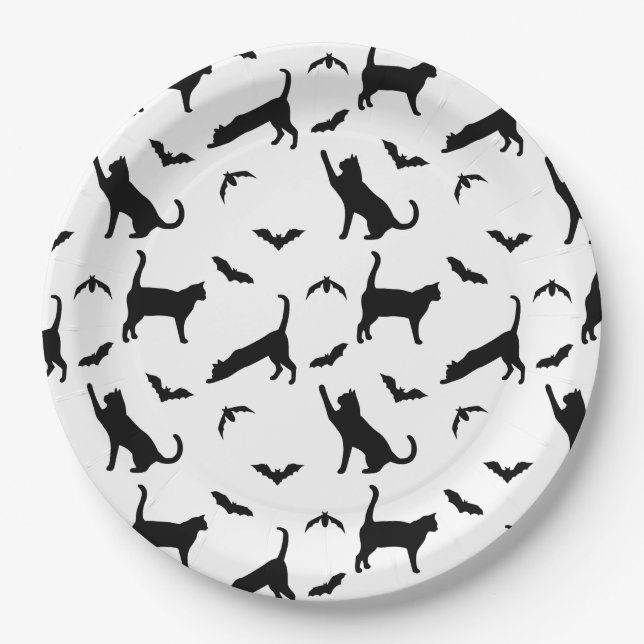 Black Cat And Bat Shapes Cute Halloween Pattern Paper Plate (Front)