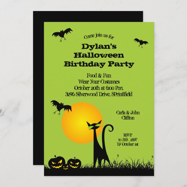Black Cat and Bats Halloween Invitations (Front/Back)
