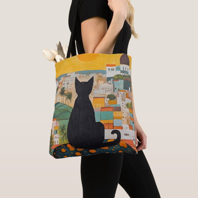  Black Cat and Beatiful City Tote Bag (Close Up)