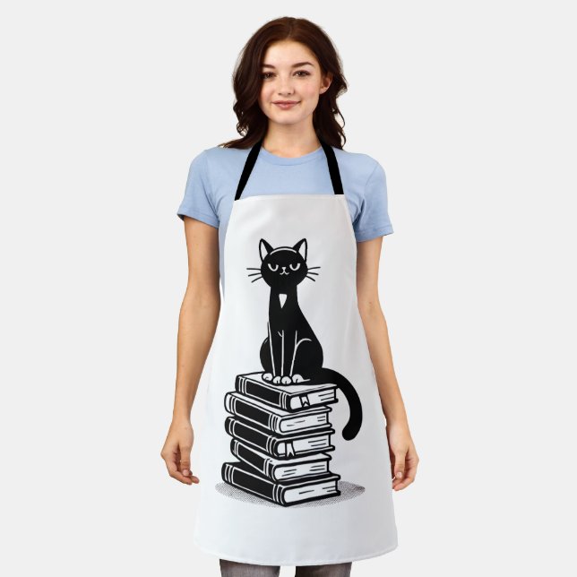  Black Cat and Books – Minimalist Design Apron (Worn)