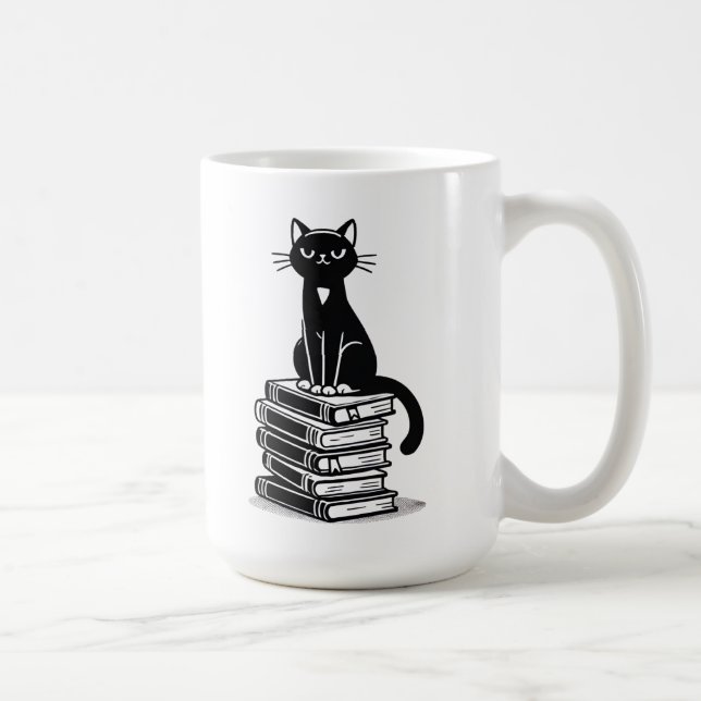 Black Cat and Books – Minimalist Design Coffee Mug (Right)
