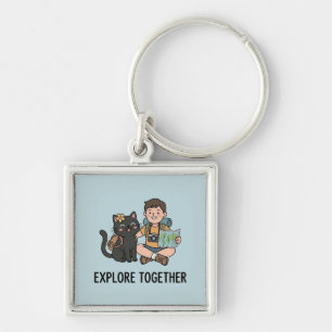 Black Cat and Boy Travel Companions Map Adventure Key Ring