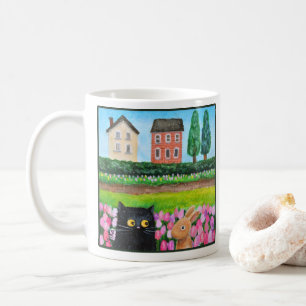 Black Cat and Bunny Rabbit in Tulip Bed Cute Art Coffee Mug