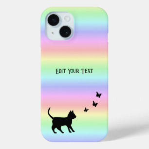 Black Cat and Butterfly on Rainbow iPhone 15 Case