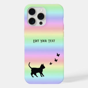 Black Cat and Butterfly on Rainbow iPhone 15 Pro Max Case