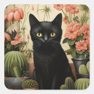 Black Cat and Cactus Plants Square Sticker