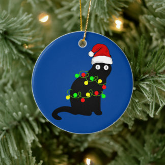 Black Cat and Christmas Lights Ornament