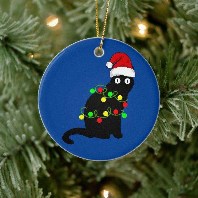 Black Cat and Christmas Lights Ornament (Tree)