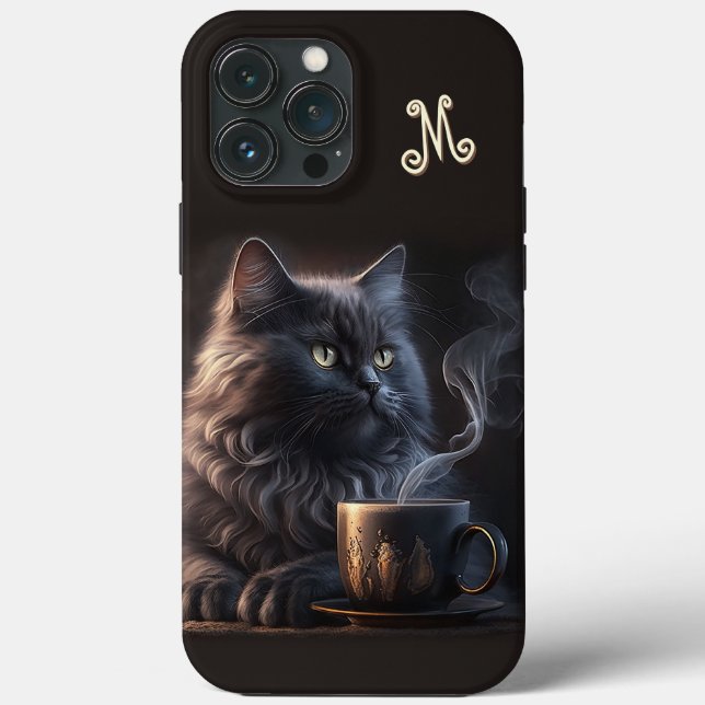 Black Cat and Coffee wiht Monogram Case-Mate iPhone Case (Back)