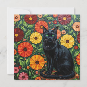 Black Cat and Colorful Folk Art Flowers