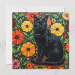 Black Cat and Colorful Folk Art Flowers Card