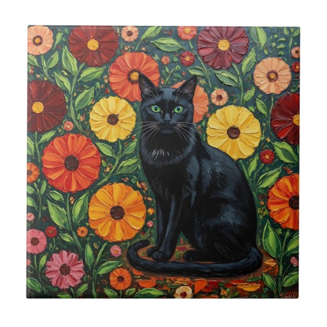 Black Cat and Colourful Folk Art Flowers Ceramic Tile (Front)