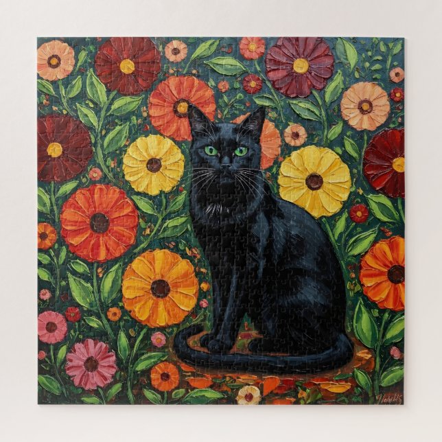 Black Cat and Colourful Folk Art Flowers Jigsaw Puzzle (Vertical)