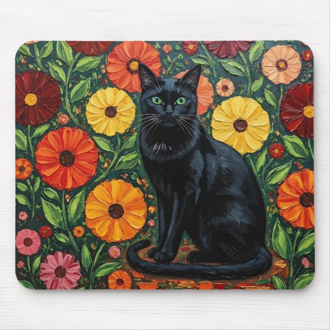 Black Cat and Colourful Folk Art Flowers Mouse Pad (Front)