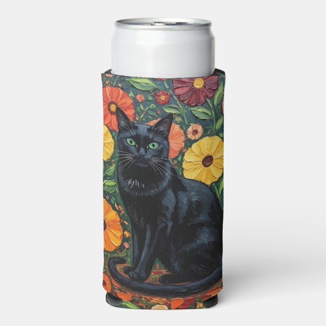 Black Cat and Colourful Folk Art Flowers Seltzer Can Cooler (Seltzer Front)