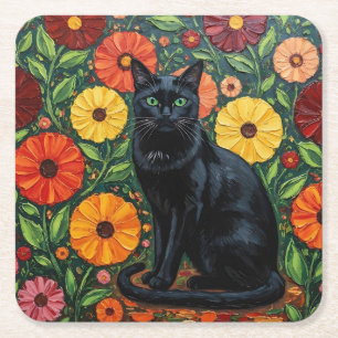 Black Cat and Colourful Folk Art Flowers Square Paper Coaster