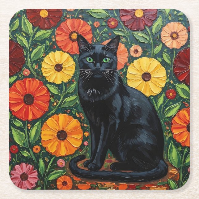 Black Cat and Colourful Folk Art Flowers Square Paper Coaster (Front)