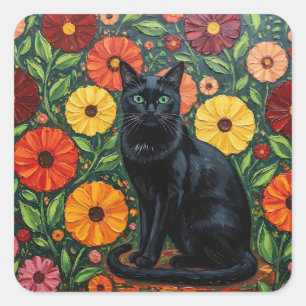 Black Cat and Colourful Folk Art Flowers Square Sticker