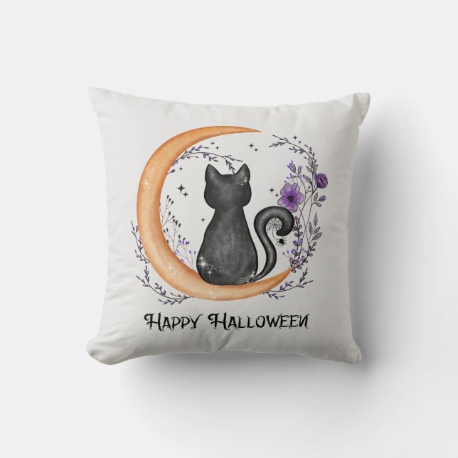 Black Cat and Crescent Moon for Happy Halloween Cushion (Front)