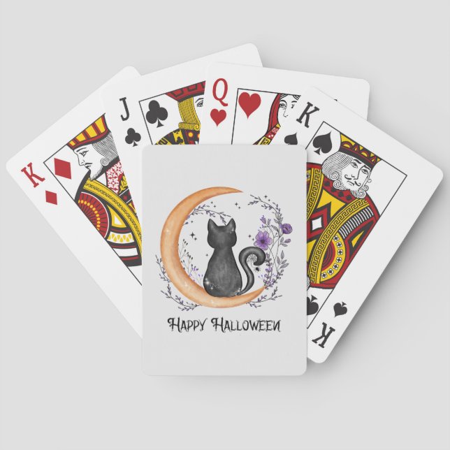 Black Cat and Crescent Moon for Happy Halloween Playing Cards (Back)