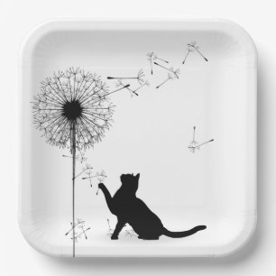 Black Cat and Dandelion  Paper Plate